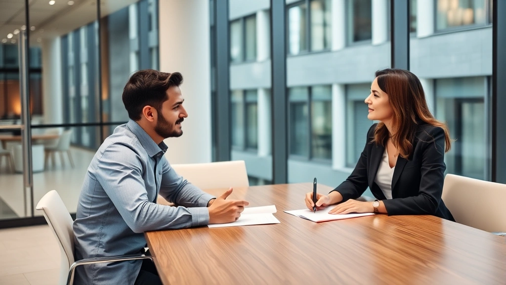 Employee in modern office building talking with HR representative in professional meeting room, both sitting at conference ta