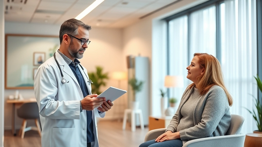 Healthcare professional in white coat discussing medical accommodation options with patient in modern clinic office setting,