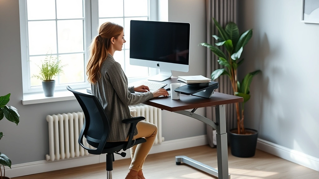 Professional woman at ergonomic desk with standing option, natural window lighting, monitor at eye level, comfortable chair,