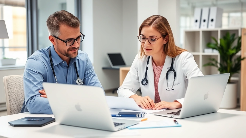 Patient and doctor reviewing medical documentation together at desk with laptop, supportive professional atmosphere, clear co