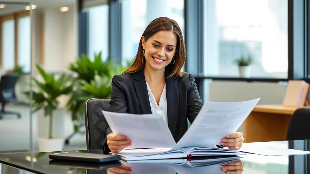 Professional woman in business attire sitting at desk reviewing medical documents with satisfied expression in modern office