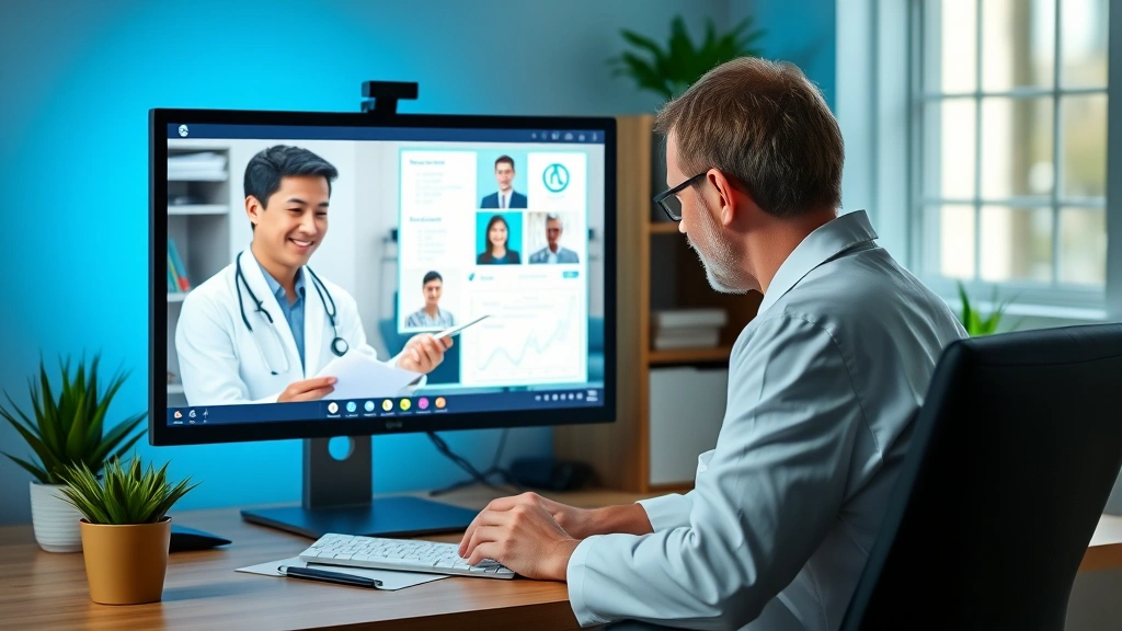 Healthcare provider in white coat reviewing patient notes at computer during telehealth consultation on video call