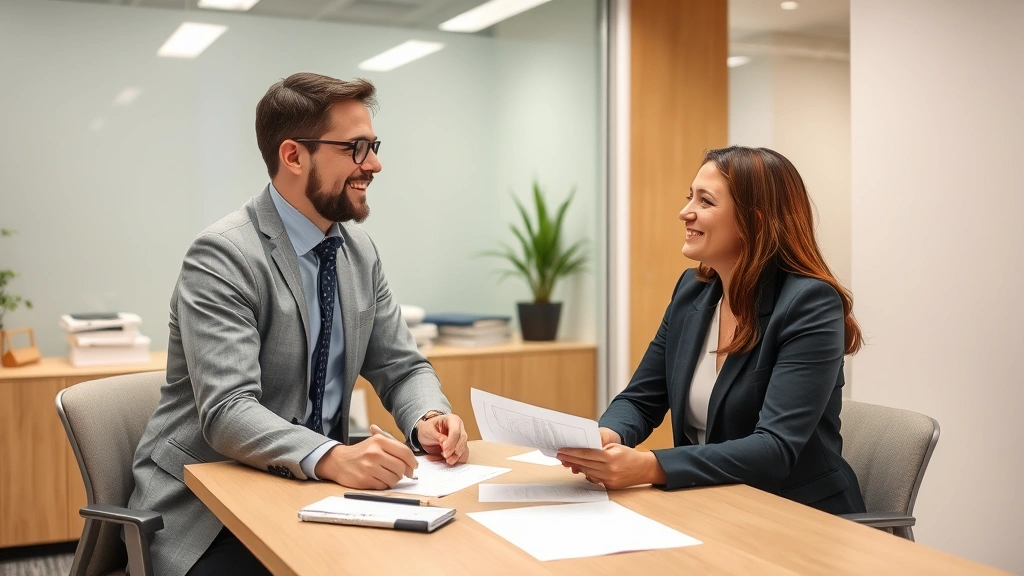 Employee meeting with HR representative in office discussing accommodation paperwork with supportive body language and positi