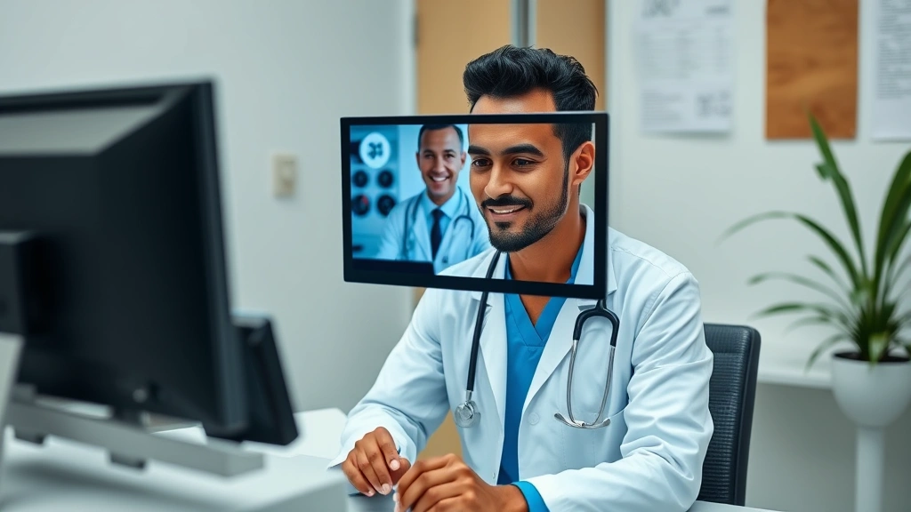 Licensed healthcare provider conducting professional video telehealth consultation with patient on computer in clinical setti