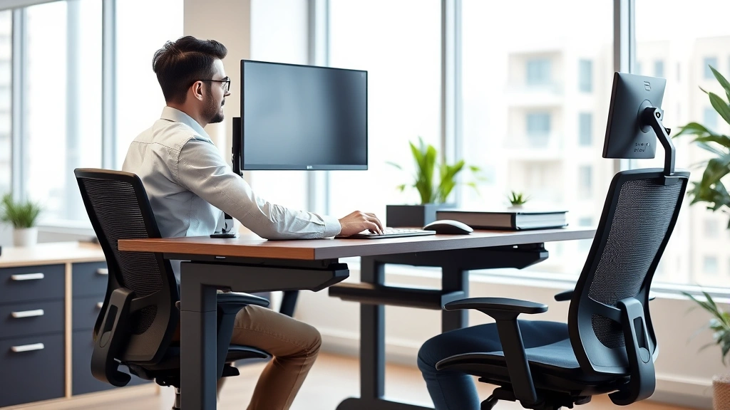 Employee working at ergonomic desk with adjustable monitor stand supportive chair and proper posture in bright modern office