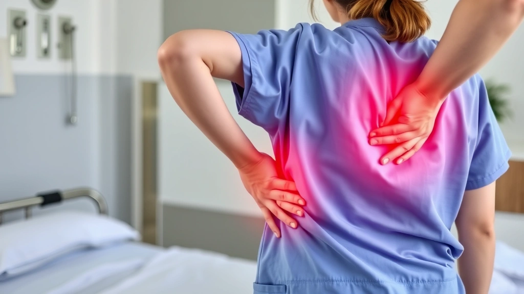 Healthcare worker holding back in pain while assisting patient, showing physical strain and need for lifting restrictions
