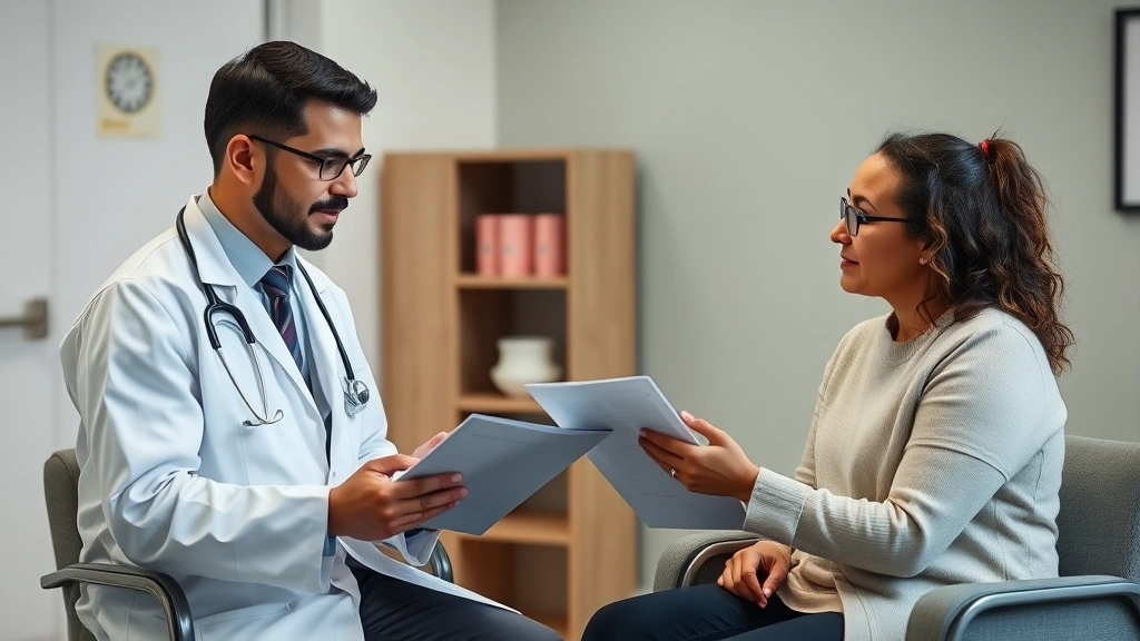 Healthcare provider in white coat reviewing medical documents with patient in clinical office setting discussing break accomm