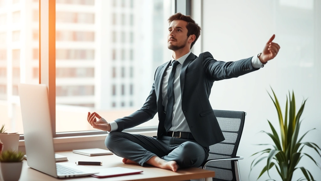Professional employee taking mindful break at modern office desk with window view stretching and relaxing during workday