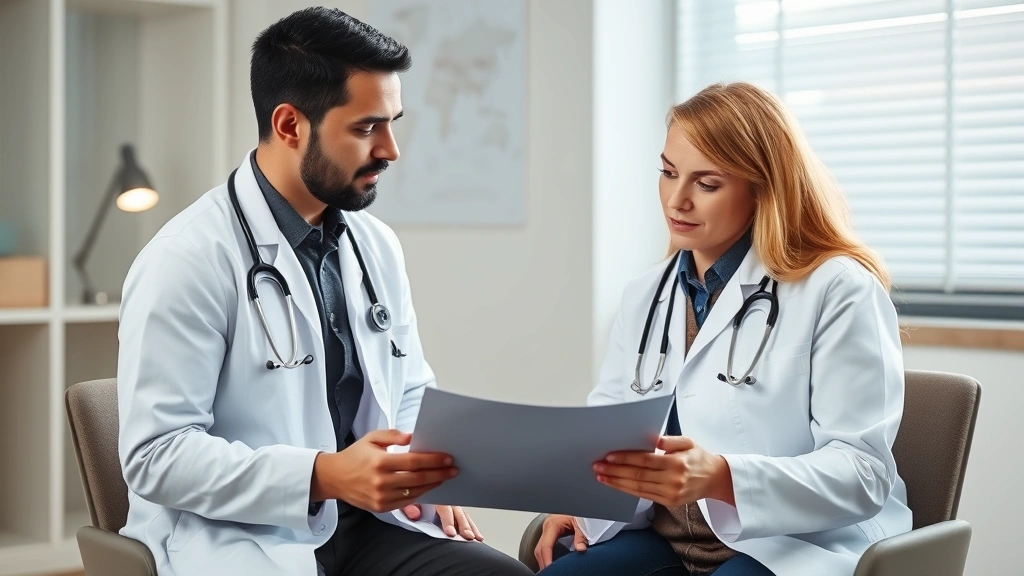 Healthcare provider in white coat reviewing medical chart with patient during consultation appointment