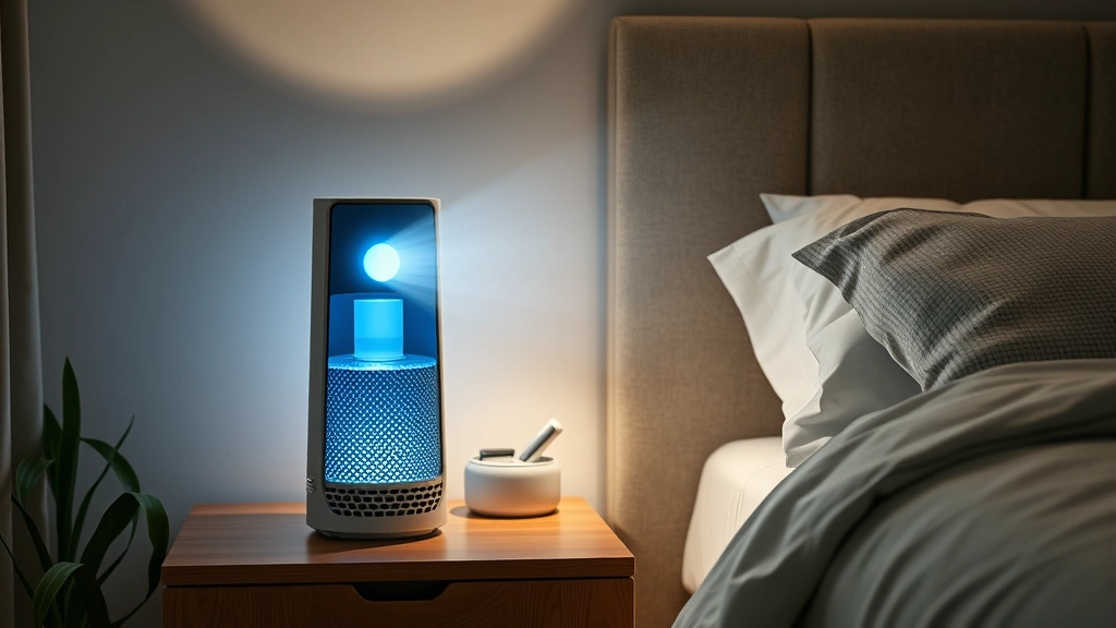 Close-up of air purifier running on nightstand next to bed in clean modern bedroom environment