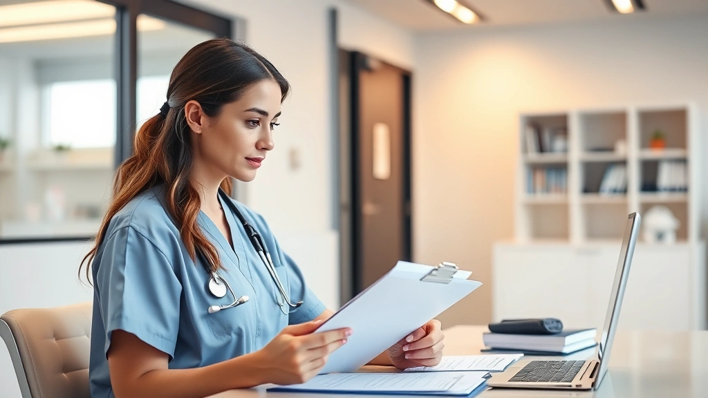 Female healthcare provider with clipboard reviewing medical documents at desk in modern clinic office with warm lighting