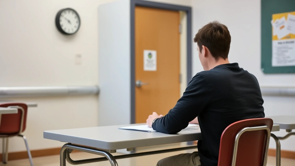 Student sitting at desk in separate testing room taking exam with visible clock and quiet environment
