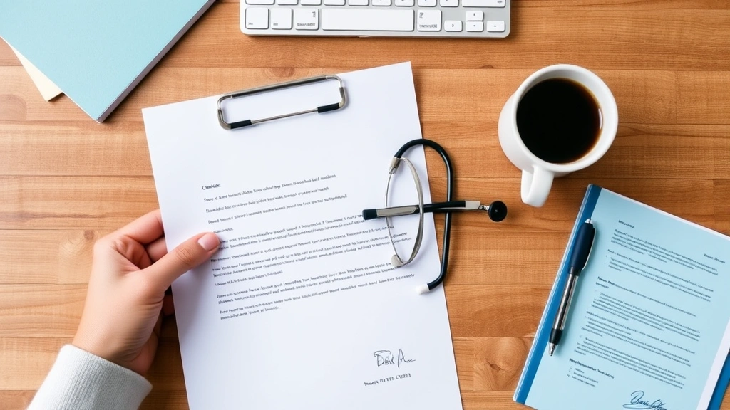 Person holding official medical letter with stethoscope and glasses on wooden desk with coffee cup