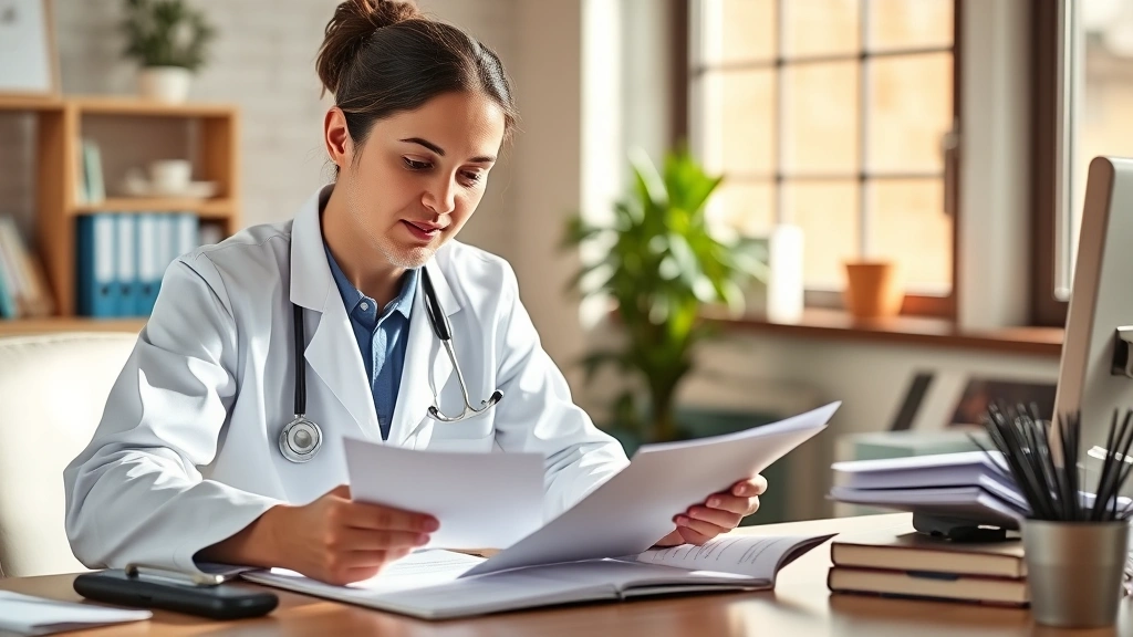 Professional healthcare provider in white coat reviewing medical documents at desk with patient file, warm natural lighting,