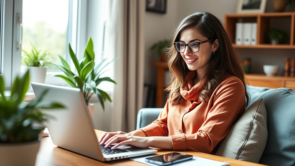 Diverse professional woman working from home at laptop during flexible work schedule, comfortable home office setting, natura