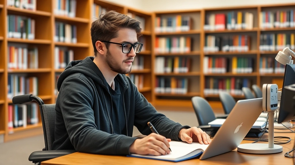 Male student in university library with accessibility accommodations, studying at desk with flexible schedule, focused and en