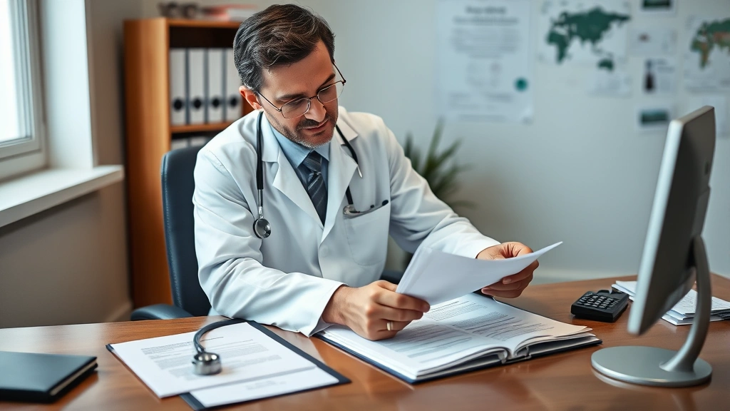 Medical professional in white coat reviewing patient file at desk with stethoscope and medical charts visible