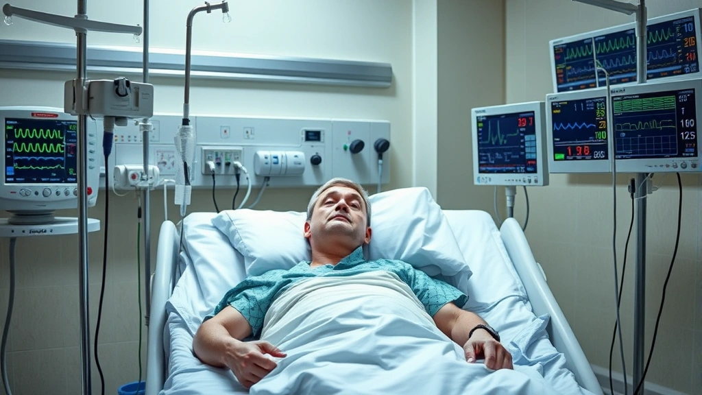 Patient sitting in hospital bed with IV stand and medical monitors showing vital signs