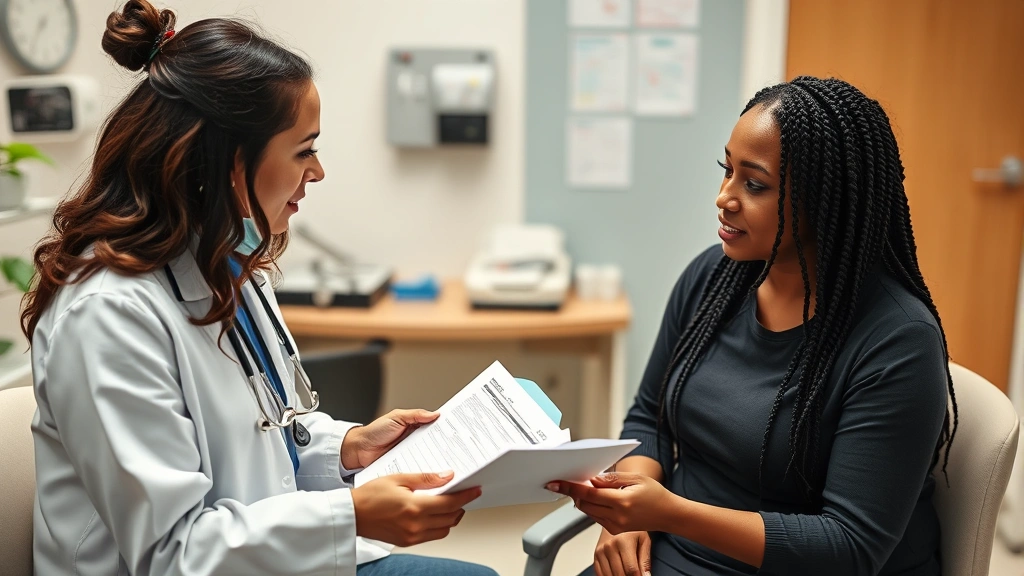 Diverse healthcare provider and patient discussing medical documents in clinical office setting
