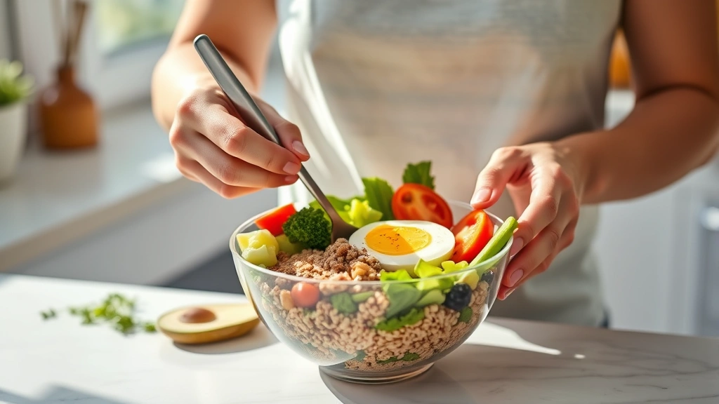 Person preparing a healthy breakfast bowl with fresh vegetables, lean protein, and whole grains during their eating window, bright natural lighting, clean kitchen counter