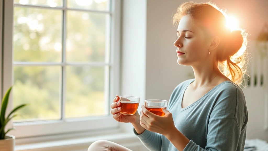 Woman meditating peacefully during morning fasting hours with herbal tea, natural sunlight through window, calm serene atmosphere, wellness-focused composition