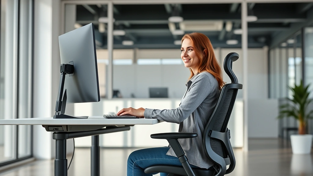 Professional woman sitting at ergonomic workstation with adjustable desk monitor and ergonomic chair in bright modern office