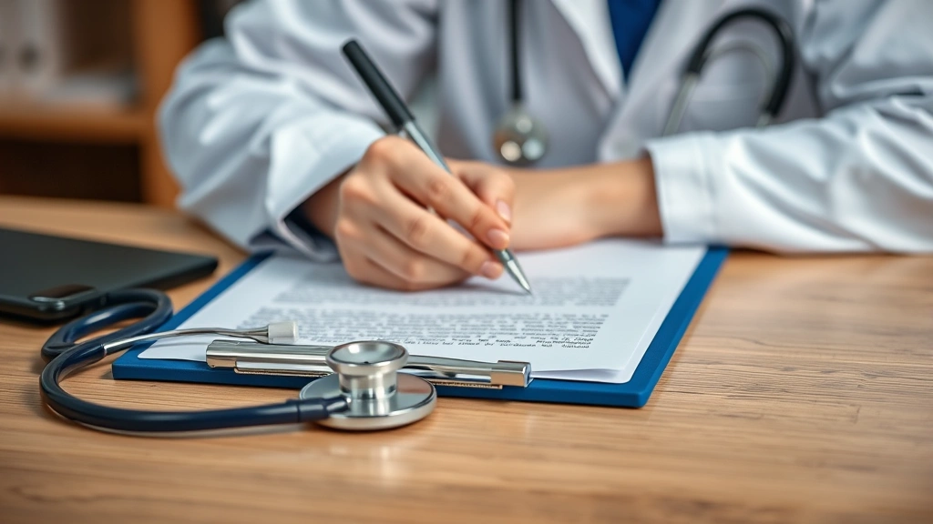 Close up of healthcare provider writing medical letter at desk with stethoscope and clipboard visible