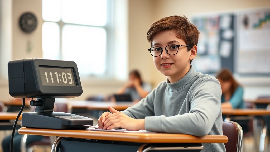 Student sitting at desk with extended time clock, calm focused expression, well-lit classroom environment, warm neutral tones