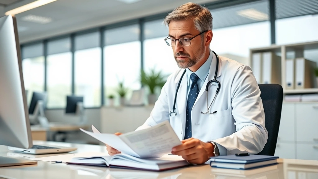 Medical professional doctor reviewing patient medical records at desk, thoughtful expression, healthcare office setting, prof