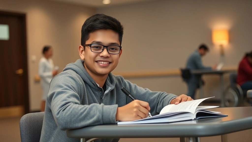 Student completing exam with satisfied confident expression, testing center environment, peaceful neutral background, warm li