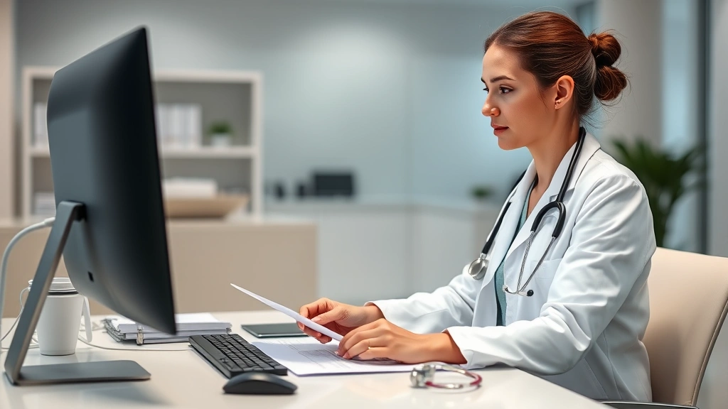 Professional female physician in white coat reviewing patient medical records at desk in modern clinic office with stethoscop