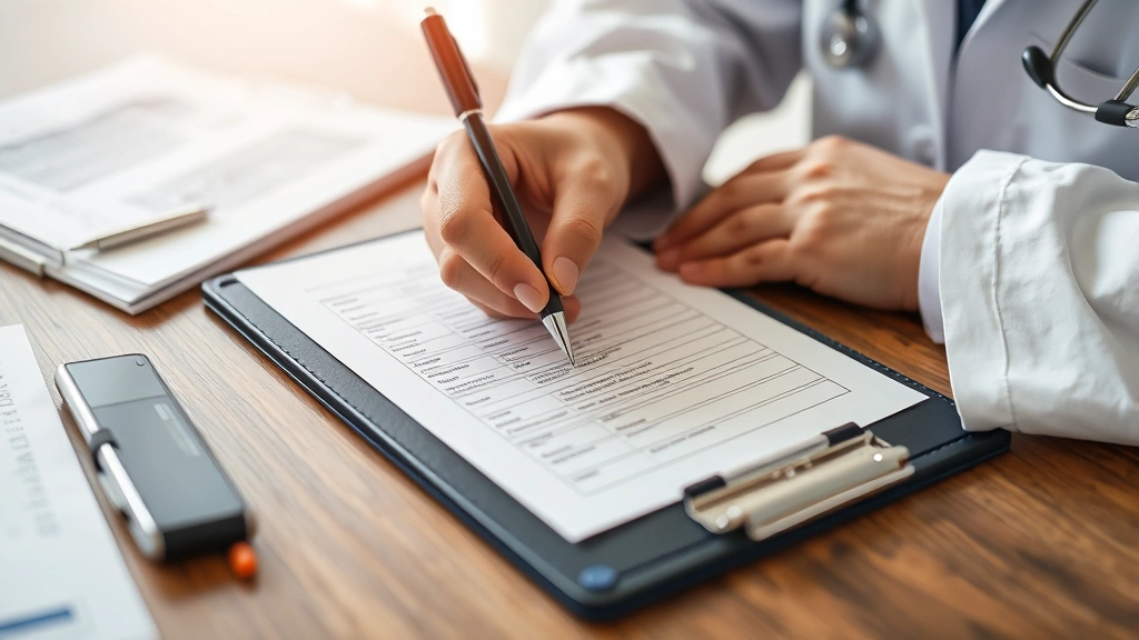 Close-up of doctor writing notes on prescription pad with medical file and insurance documents on wooden desk