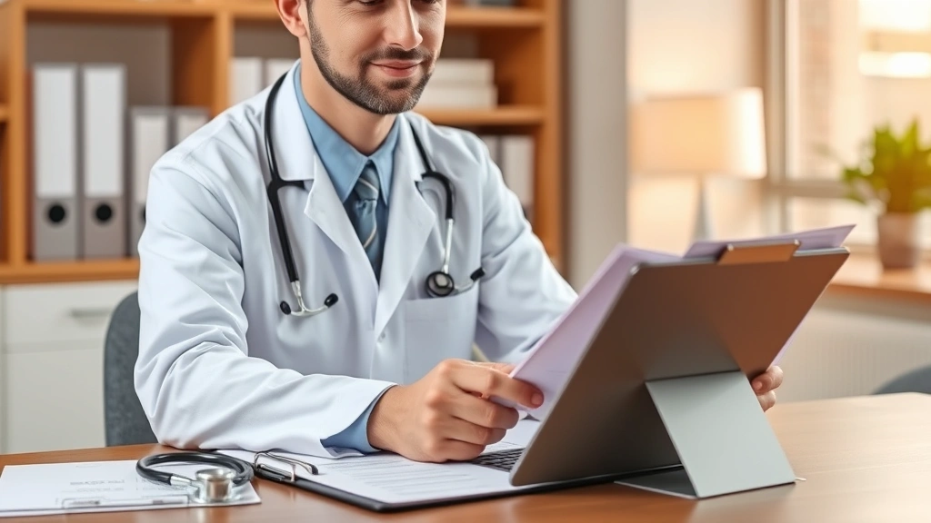 Doctor in white coat reviewing medical documents at desk with clipboard and stethoscope, warm professional setting