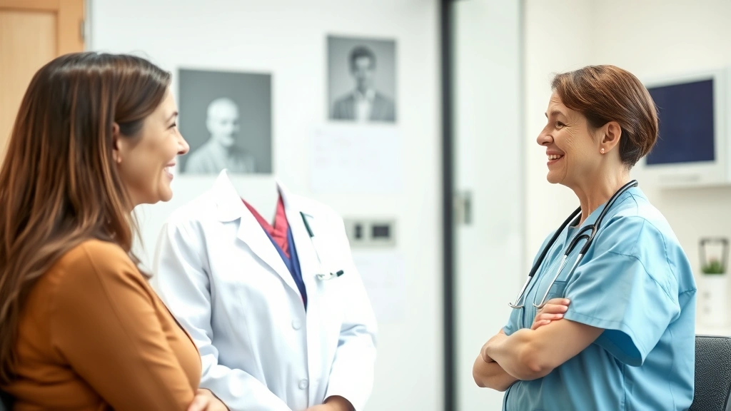 Professional woman in office having respectful conversation with healthcare provider, both smiling, medical office background