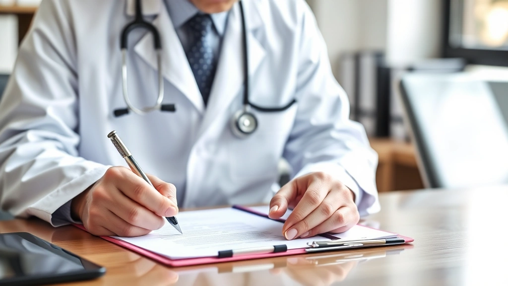 Doctor in white coat writing medical letter at desk with stethoscope and clipboard visible, natural office lighting