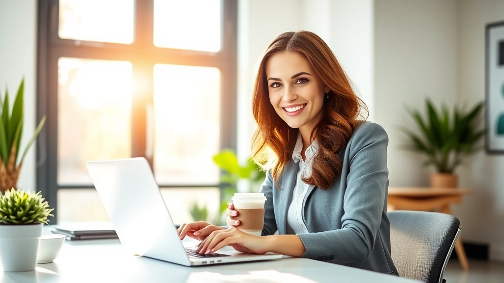 Professional woman at laptop smiling with coffee cup, bright modern home office space, morning sunlight through window