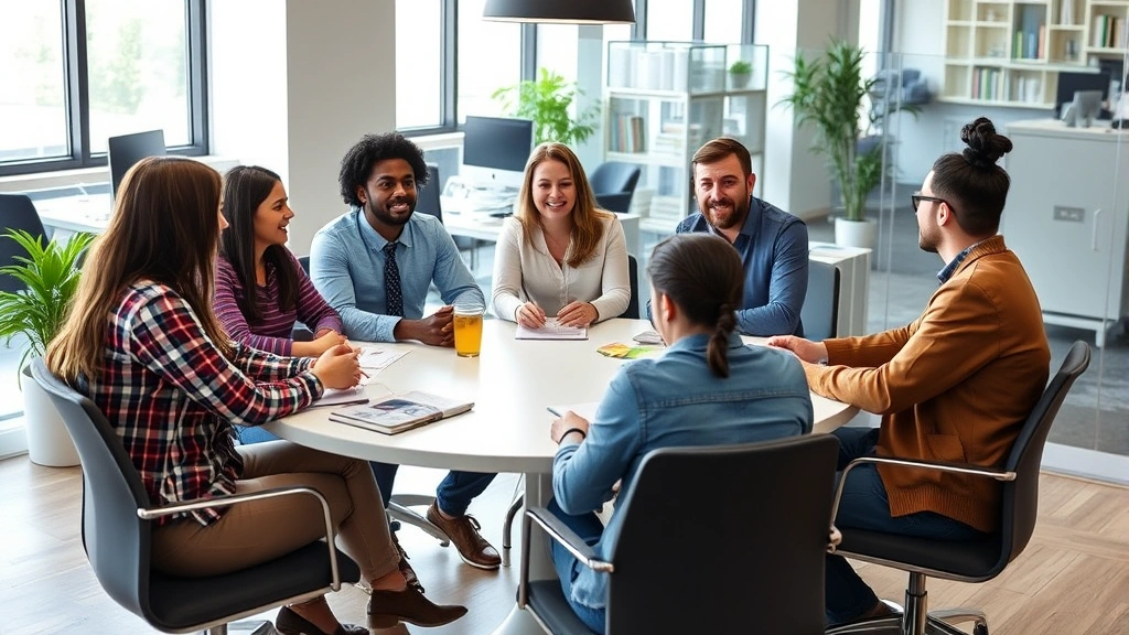Diverse workplace team in casual meeting, people sitting comfortably at round table discussing schedule flexibility, modern o