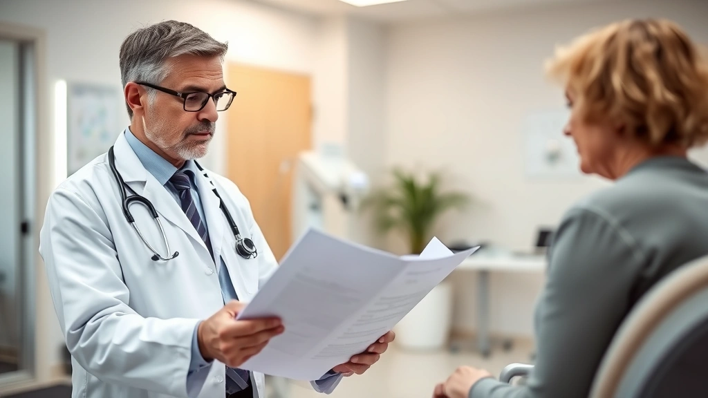 Doctor in white coat reviewing medical chart with patient in clinic office, warm lighting, professional healthcare setting