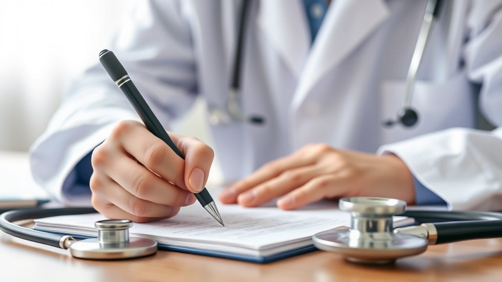 Close-up of healthcare provider writing notes at desk with stethoscope nearby, focused clinical documentation, natural daylig