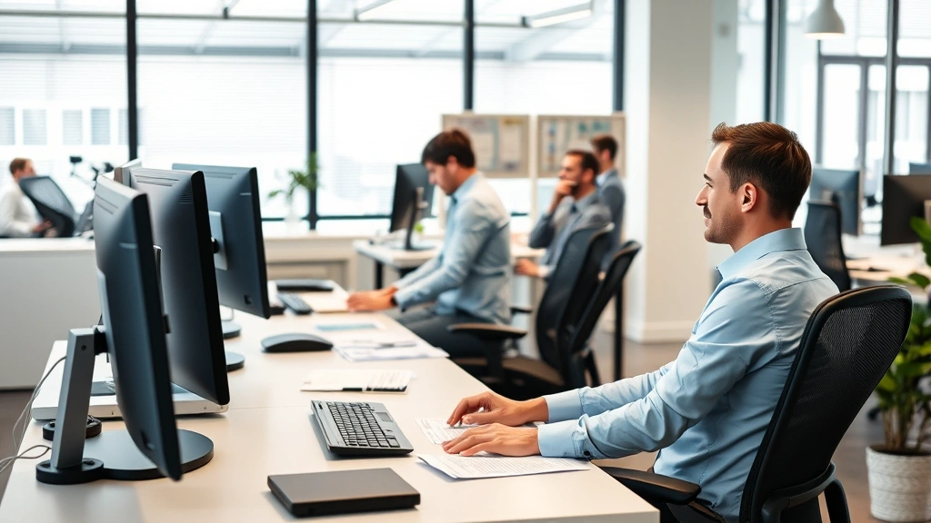 Diverse professional working at ergonomic desk setup with laptop and documents, comfortable posture, modern office environmen