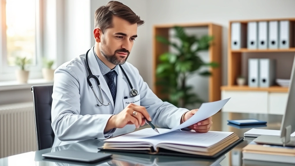 Healthcare provider in white coat reviewing medical documents at desk with patient file, professional office setting with sof