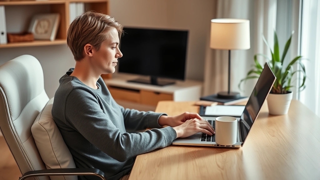 Person sitting at home office desk working on laptop with coffee mug, comfortable posture with back support pillow visible, p