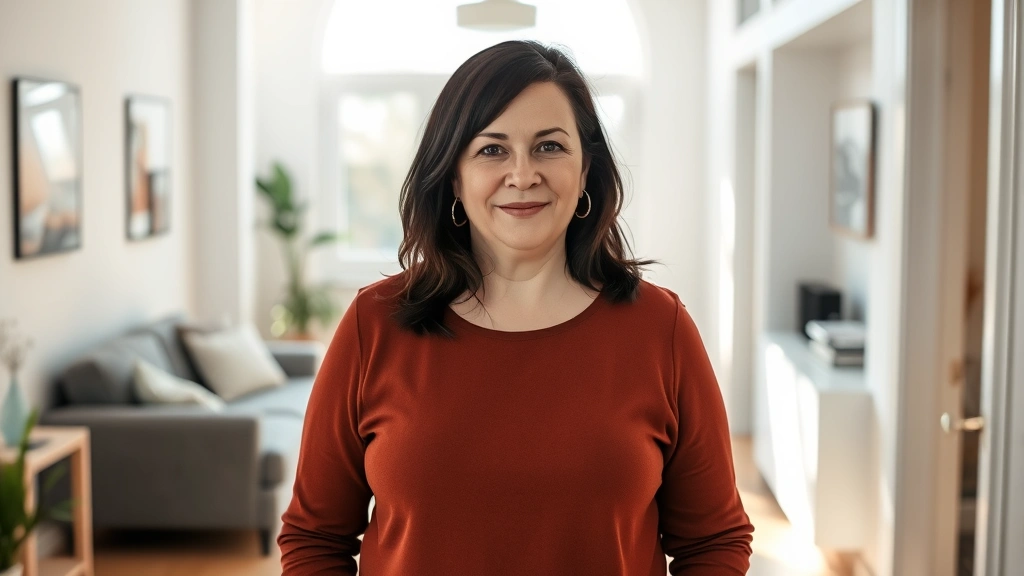 A middle-aged woman with dark hair standing in a bright, modern apartment entryway with accessible features, natural light st