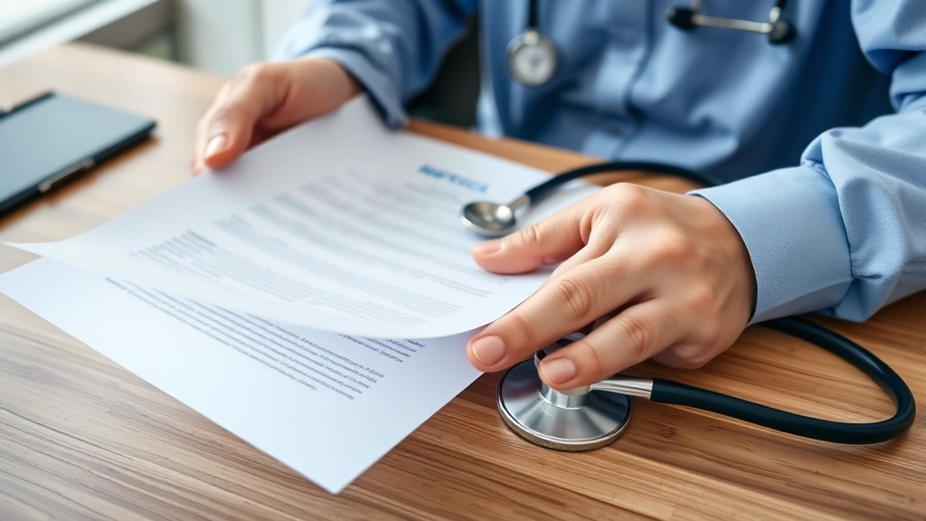 Close-up of hands holding a medical document with doctor letterhead, stethoscope visible on wooden desk, professional healthc