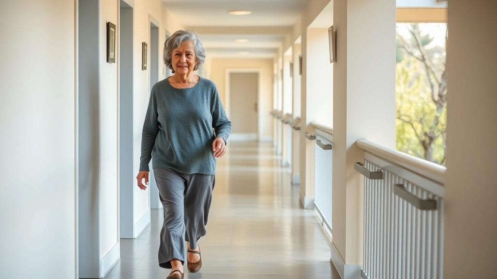 Senior woman with gray hair walking safely on a spacious ground floor apartment hallway with handrails, natural lighting, pea