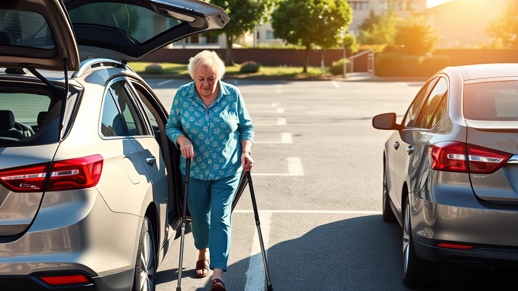 Senior woman with cane walking from car in accessible parking space, sunny day, realistic photography