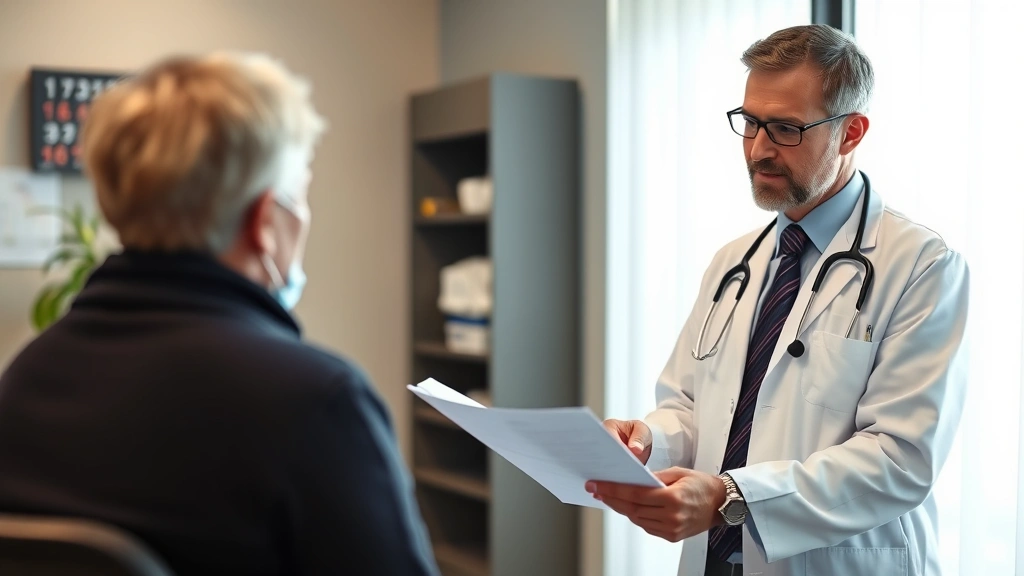 Doctor reviewing medical chart with patient in clinic office, warm lighting, professional healthcare setting