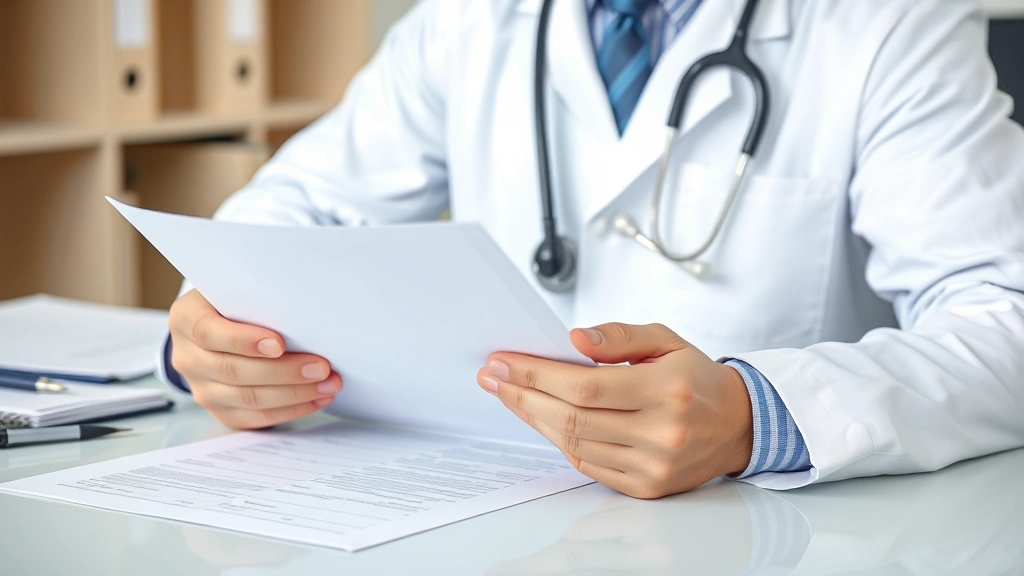 Doctor in white coat reviewing medical documents at desk with stethoscope and patient file
