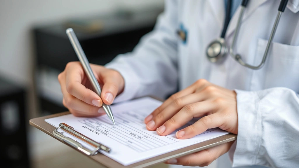 Close-up of healthcare provider writing medical notes on clipboard with prescription pad