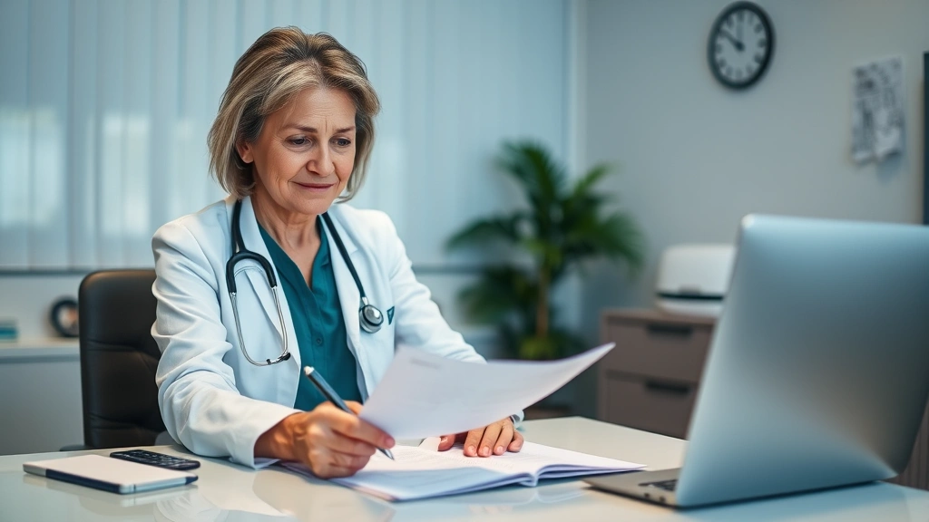 Middle-aged woman in doctor's office holding medical documents, physician signing paperwork on desk, professional healthcare